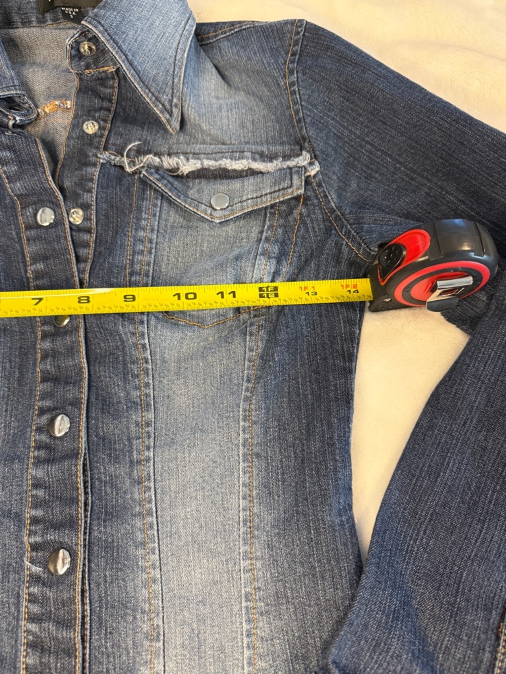 Bebe Vintage Y2K Fitted Frayed Denim Snap Front Shirt USA - Picture 9 of 9